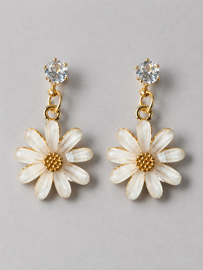 White Daisy Flower Drop Earrings with Crystal Stud