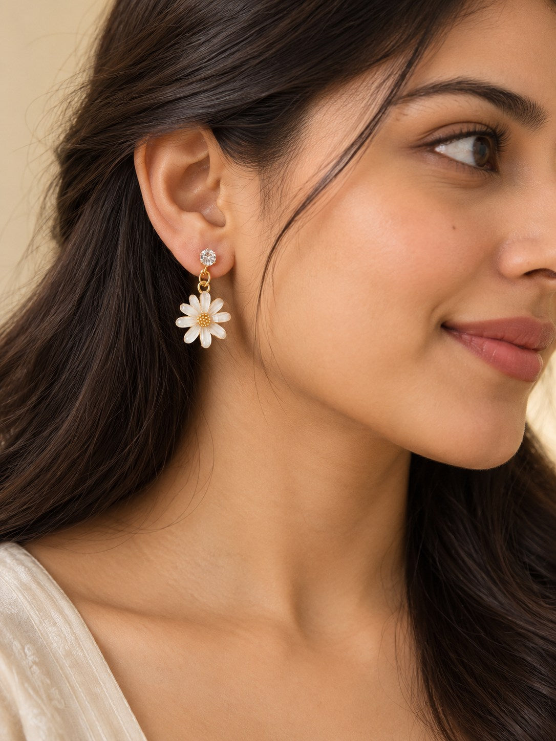 White Daisy Flower Drop Earrings with Crystal Stud