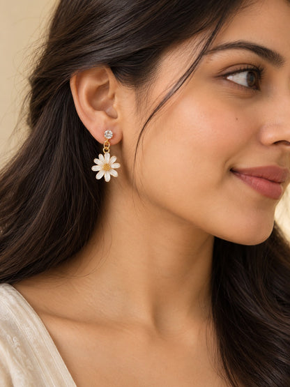 White Daisy Flower Drop Earrings with Crystal Stud