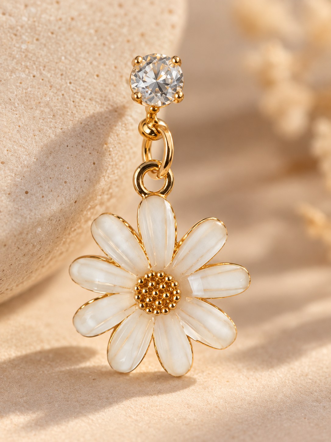White Daisy Flower Drop Earrings with Crystal Stud