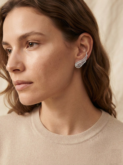 Silver Crystal Angel Wing Ear Climber Earrings