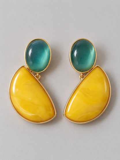 Mustard Yellow & Teal Stone Drop Earrings