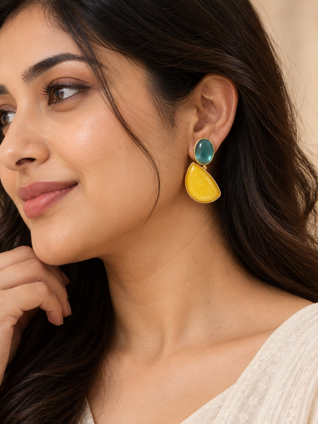 Mustard Yellow & Teal Stone Drop Earrings