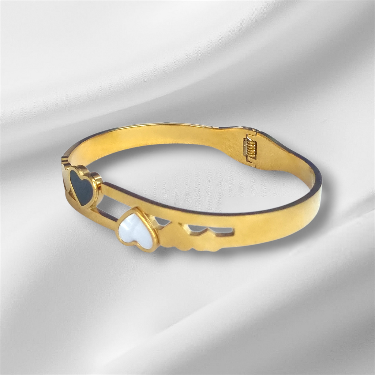 Gold Black White Heart Enamel Bangle Bracelet