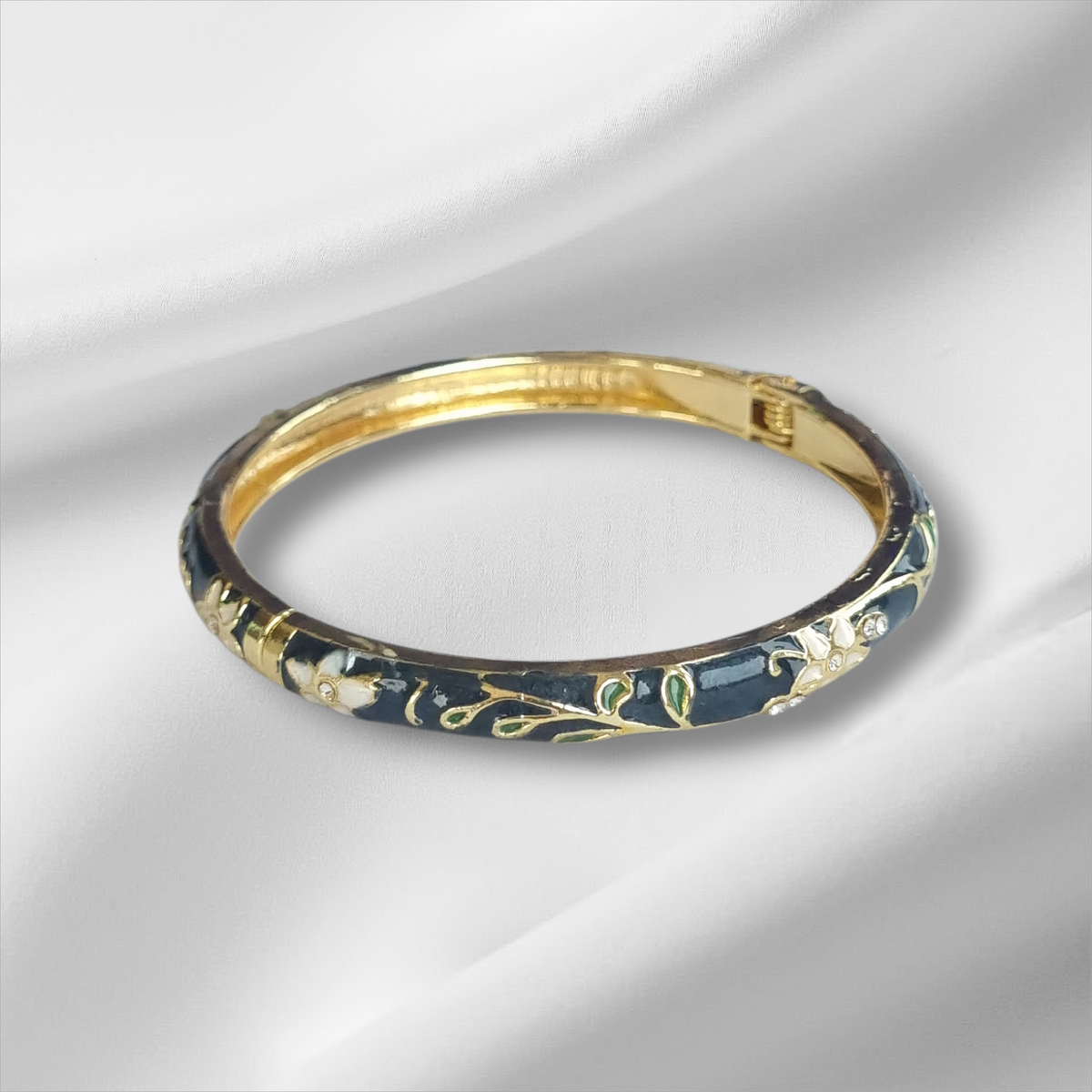 Navy Blue Gold Floral Bangle Hinge Bracelet