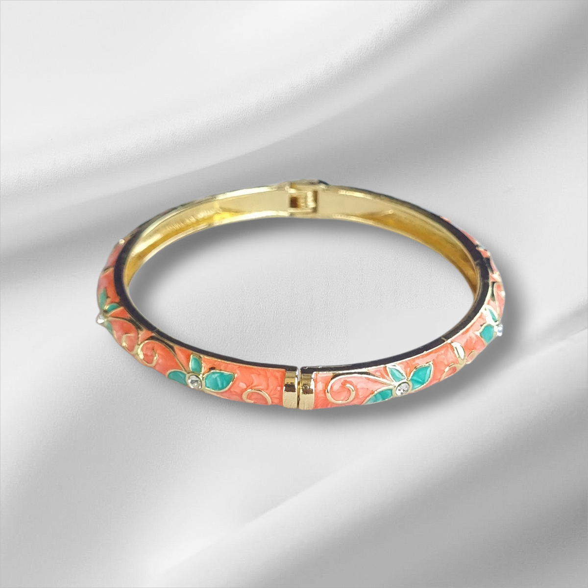 Peach Turquoise Enamel Flower Bangle Hinge Bracelet