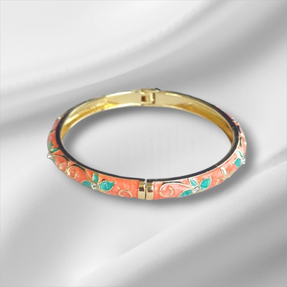 Peach Turquoise Enamel Flower Bangle Hinge Bracelet