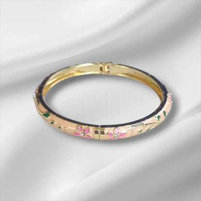 Peach Pink Floral Enamel Bangle Hinge Bracelet