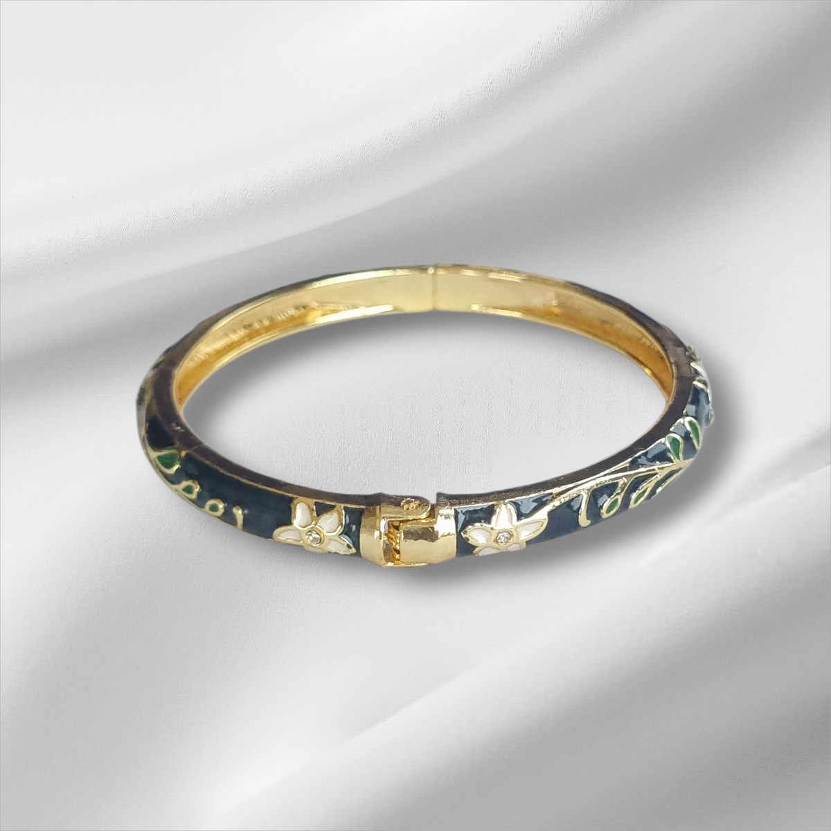 Navy Blue Gold Floral Bangle Hinge Bracelet