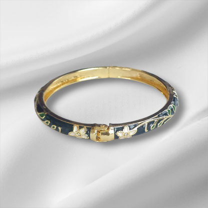 Navy Blue Gold Floral Bangle Hinge Bracelet