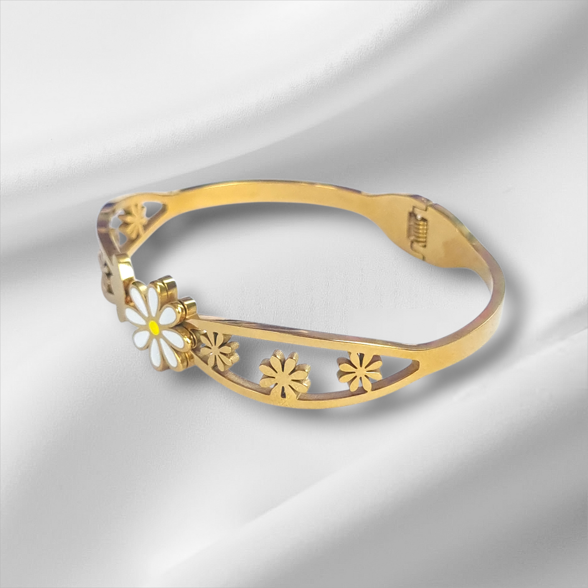 Gold Daisy Flower Enamel Bangle Hinge Bracelet
