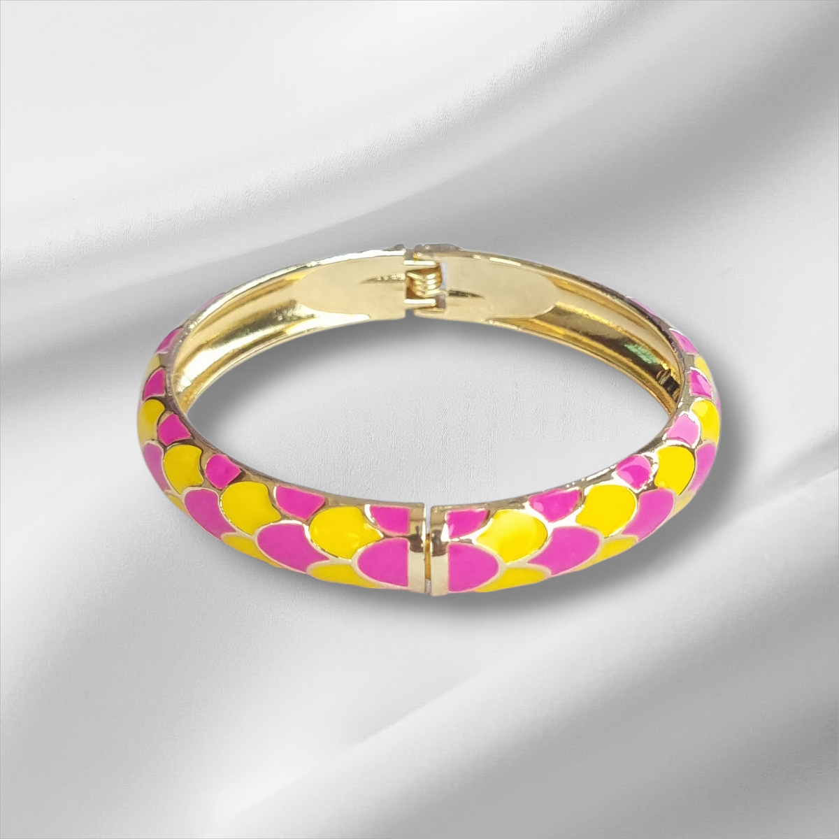 Pink Yellow Scale Enamel Bangle Hinge Bracelet