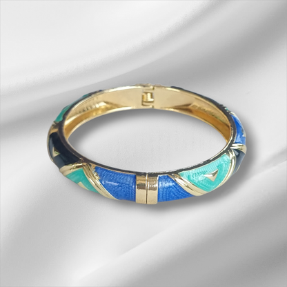 Blue Green Gold Chevron Bangle Hinge Bracelet
