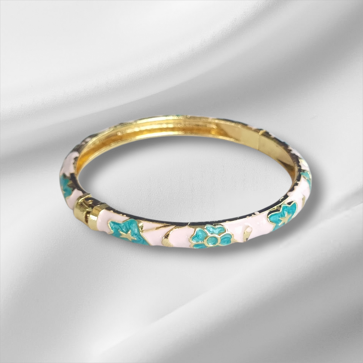 Pastel Pink Turquoise Floral Bangle Hinge Bracelet