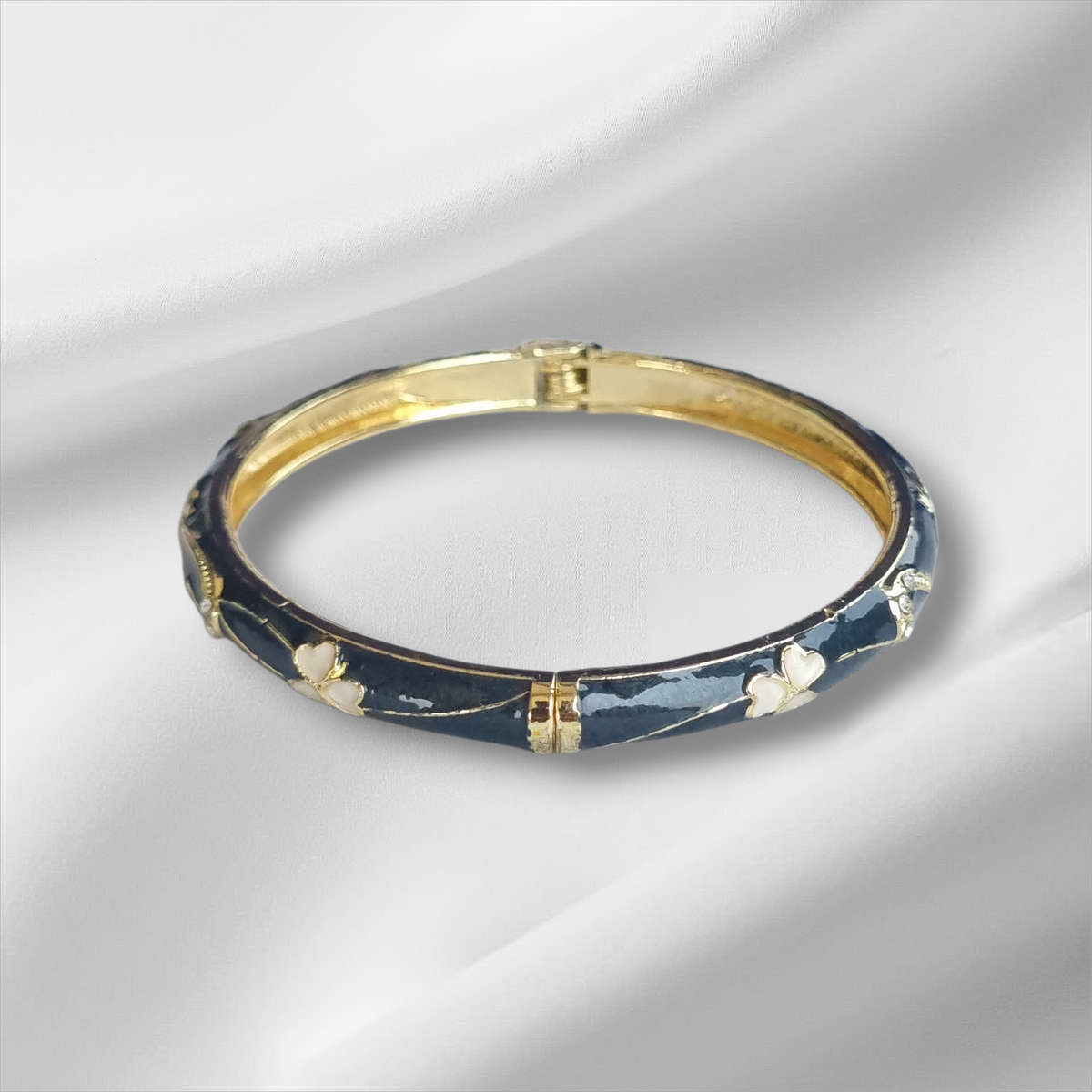 Navy Blue Gold Flower Floral Bangle Hinge Bracelet