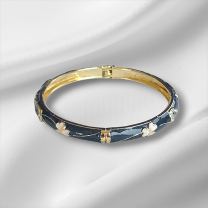 Navy Blue Gold Flower Floral Bangle Hinge Bracelet