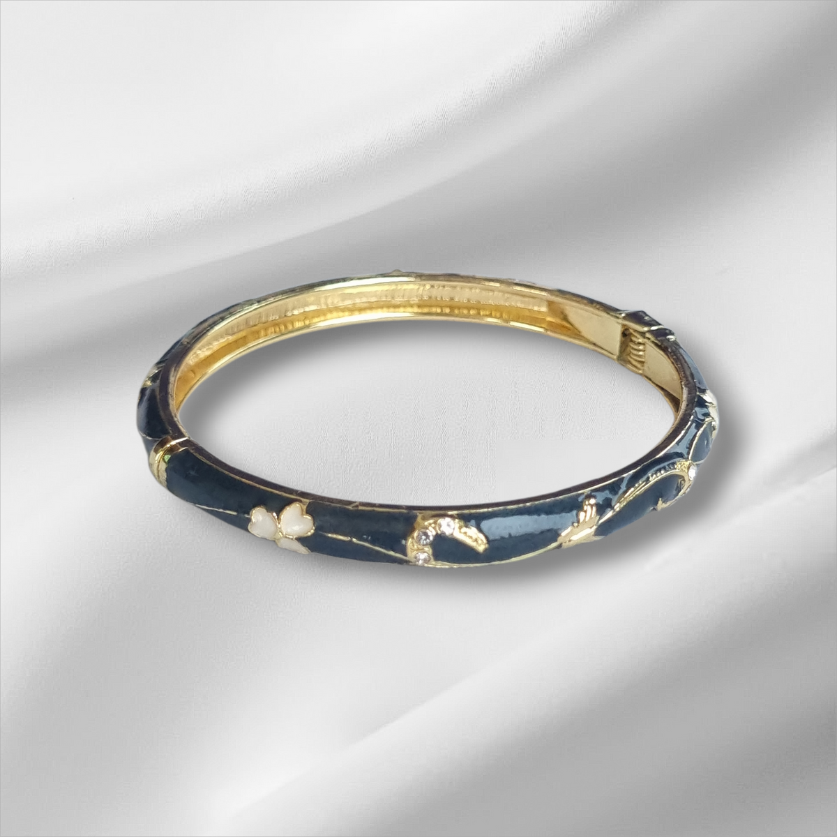 Navy Blue Gold Flower Floral Bangle Hinge Bracelet