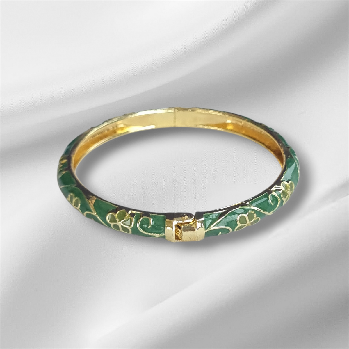 Green Shamrock Gold Enamel Bangle Hinge Bracelet