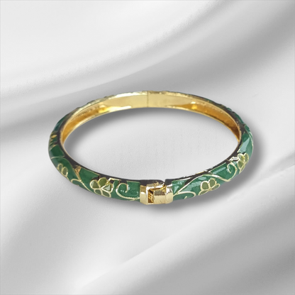 Green Shamrock Gold Enamel Bangle Hinge Bracelet