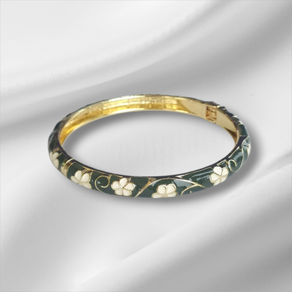 Hunter Green Flower Gold Enamel Bangle Hinge