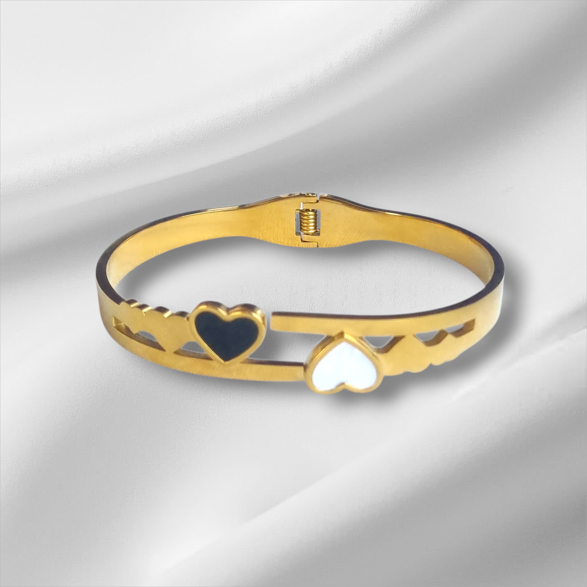 Gold Black White Heart Enamel Bangle Bracelet