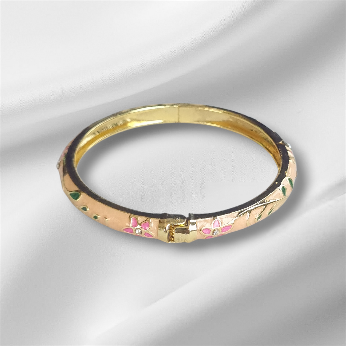 Peach Pink Floral Enamel Bangle Hinge Bracelet