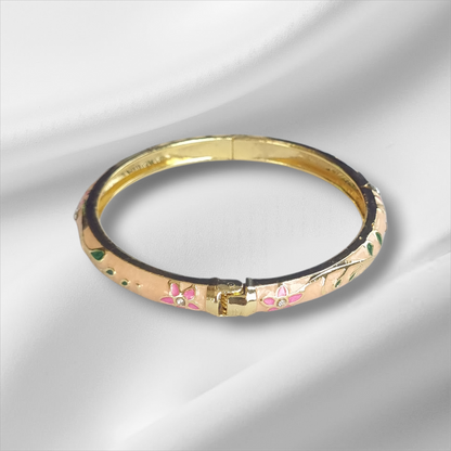 Peach Pink Floral Enamel Bangle Hinge Bracelet