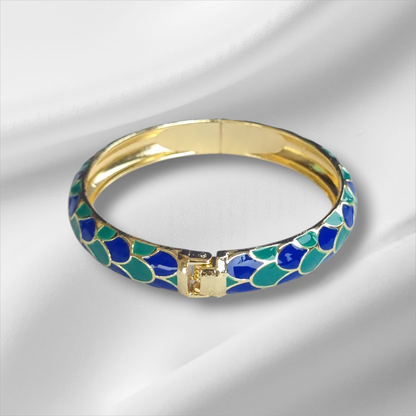 Blue Enamel Gold Scallop Bangle Hinge Bracelet