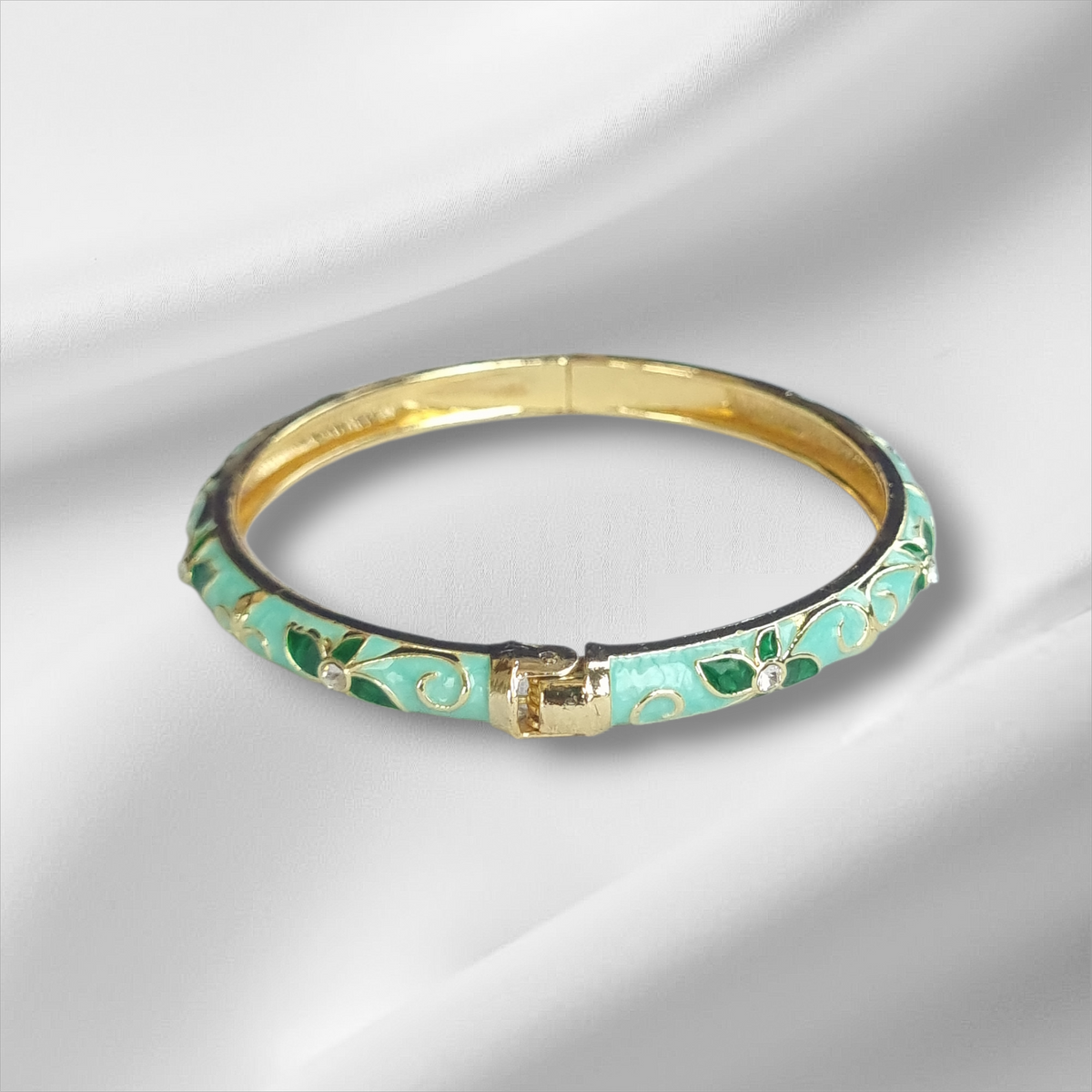 Mint Enamel Gold Floral Bangle Hinge Bracelet