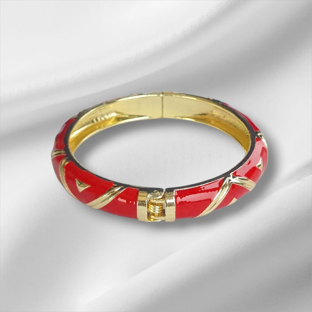 Red Enamel Gold Geometric Bangle Hinge Bracelet