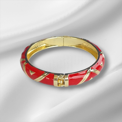 Red Enamel Gold Geometric Bangle Hinge Bracelet