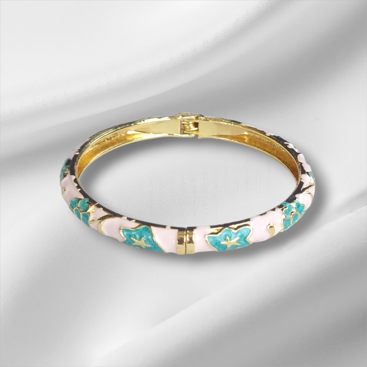 Pastel Pink Turquoise Floral Bangle Hinge Bracelet