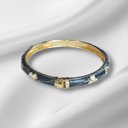 Navy Blue Gold Flower Floral Bangle Hinge Bracelet