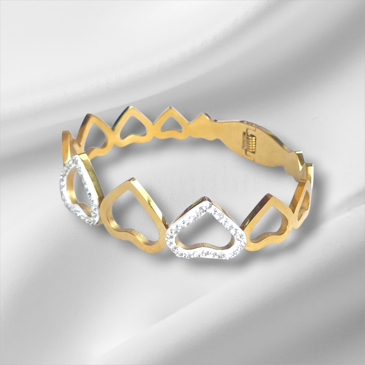 Gold Open Heart Crystal Bangle Hinge Bracelet