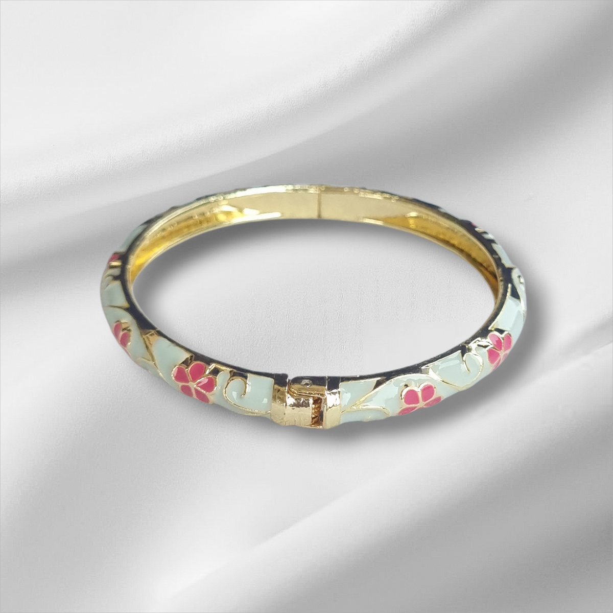 Pastel Blue Pink Floral Bangle Hinge Bracelet