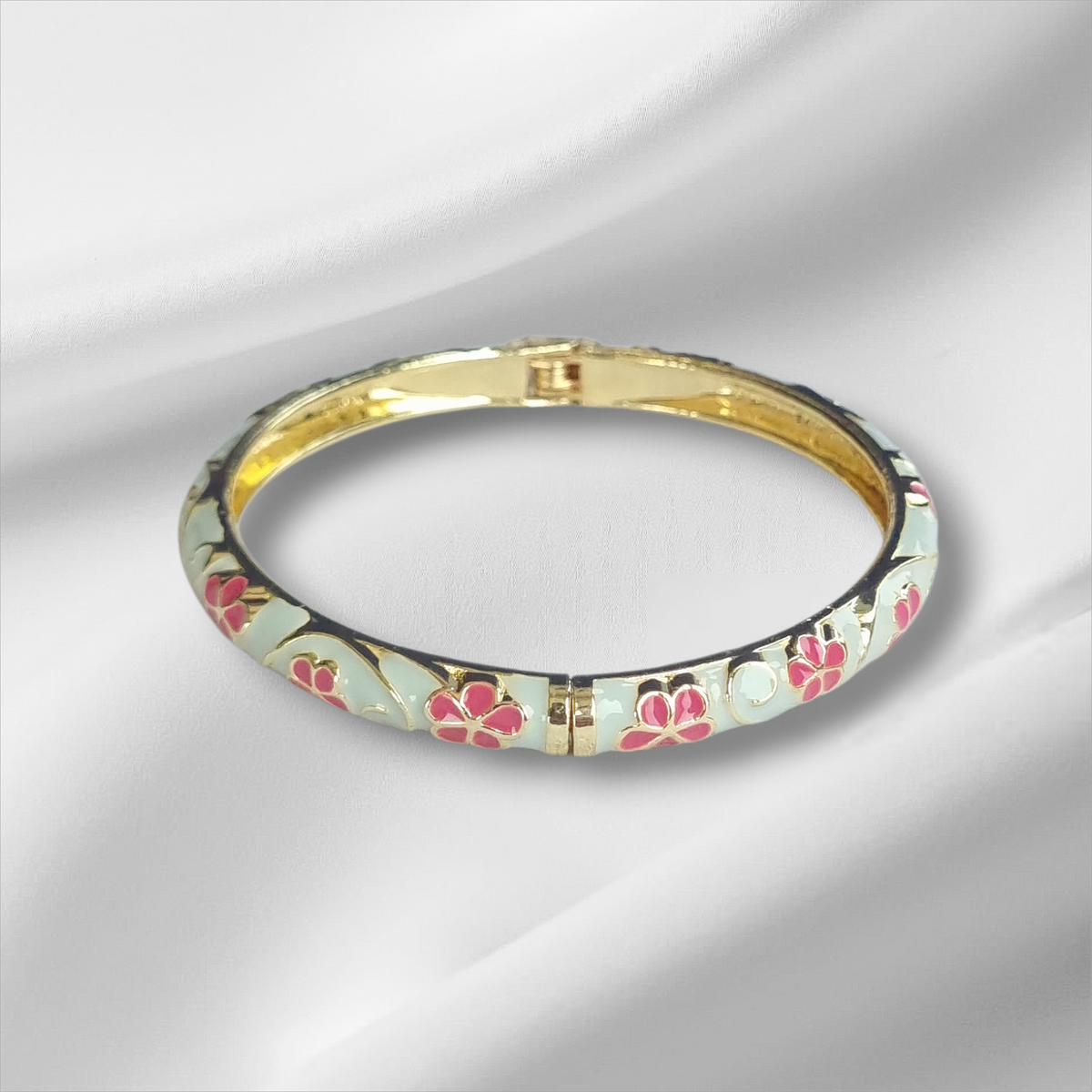 Pastel Blue Pink Floral Bangle Hinge Bracelet