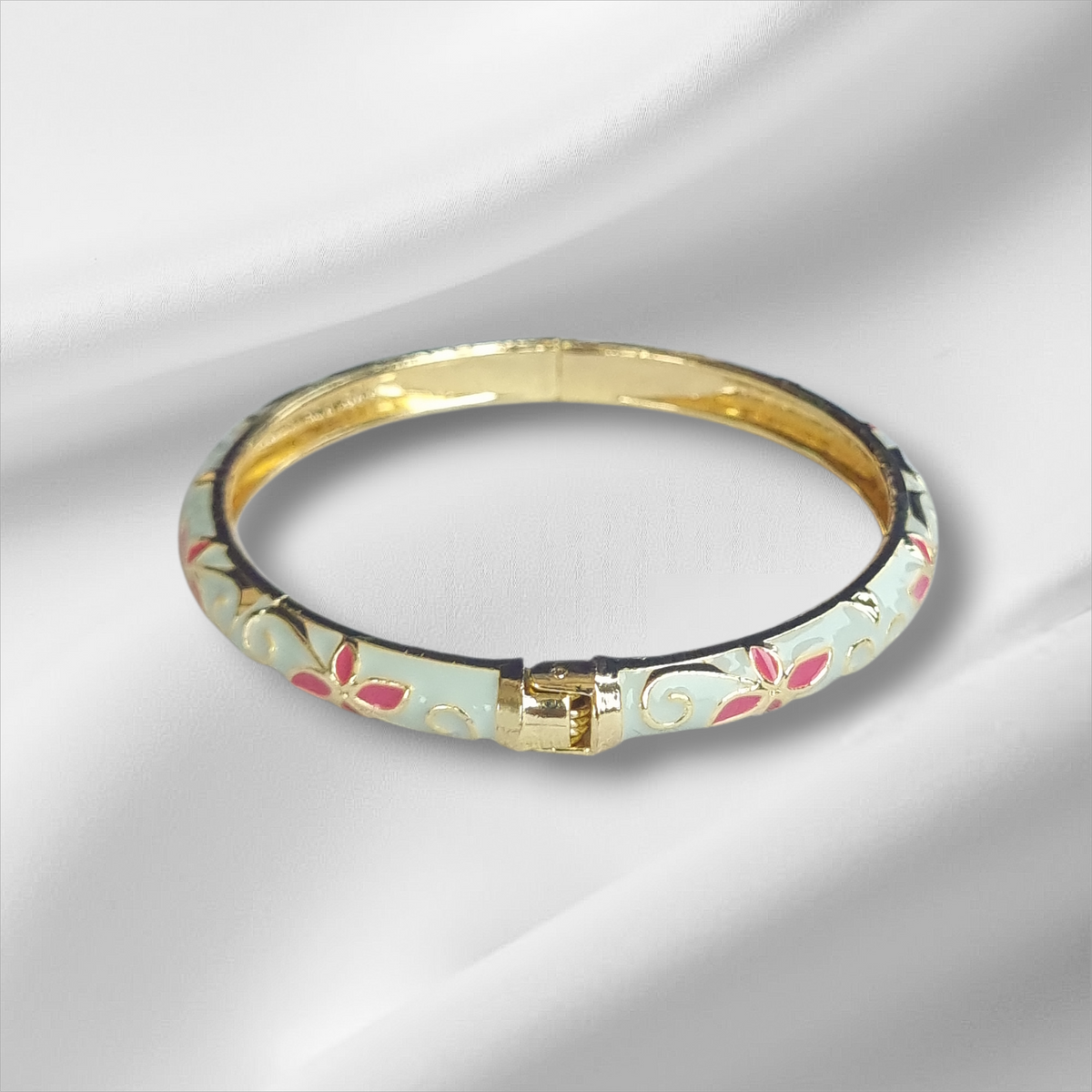 Mint Green Gold Floral Bangle Hinge Bracelet