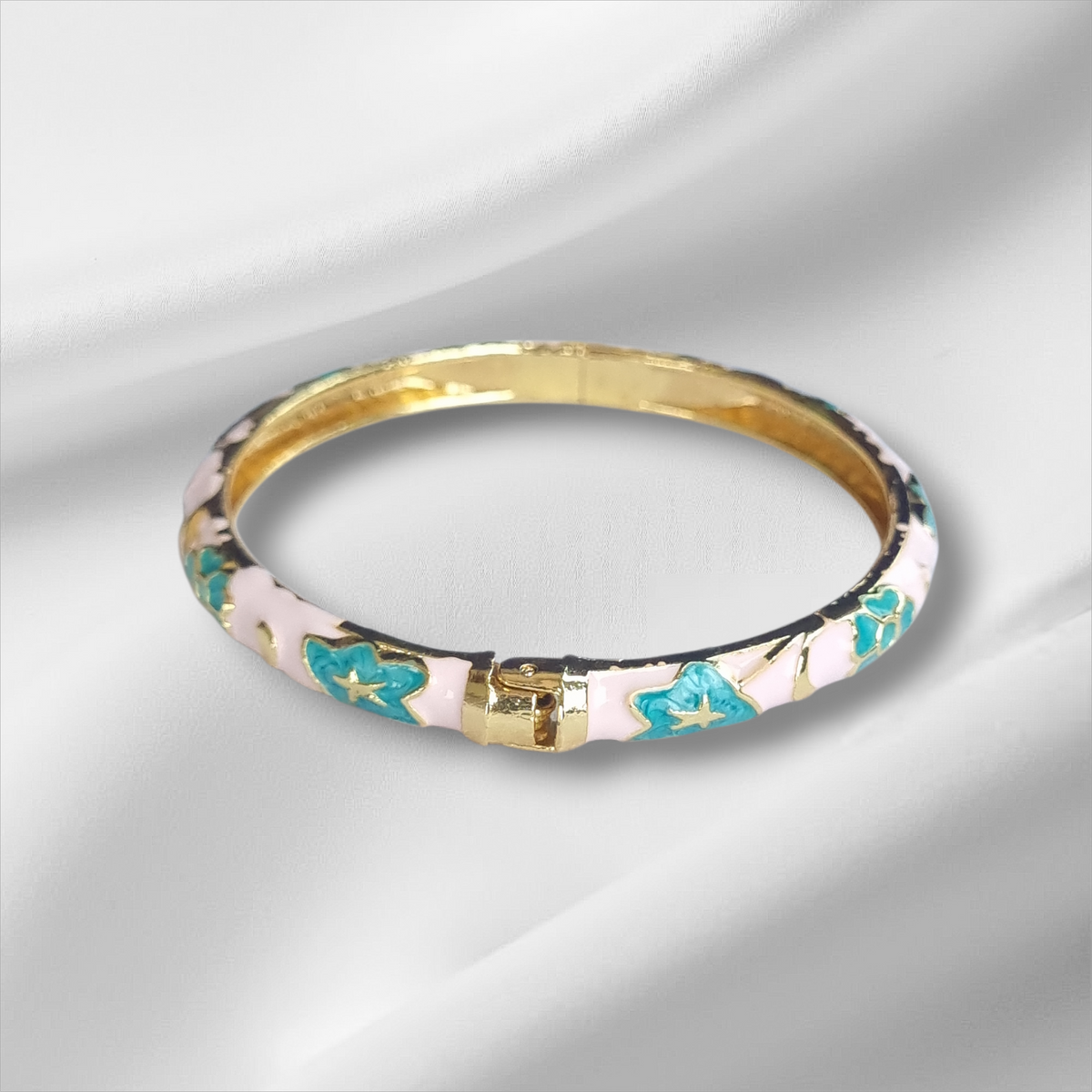 Pastel Pink Turquoise Floral Bangle Hinge Bracelet