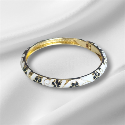 White Black Gold Floral Bangle Hinge Bracelet