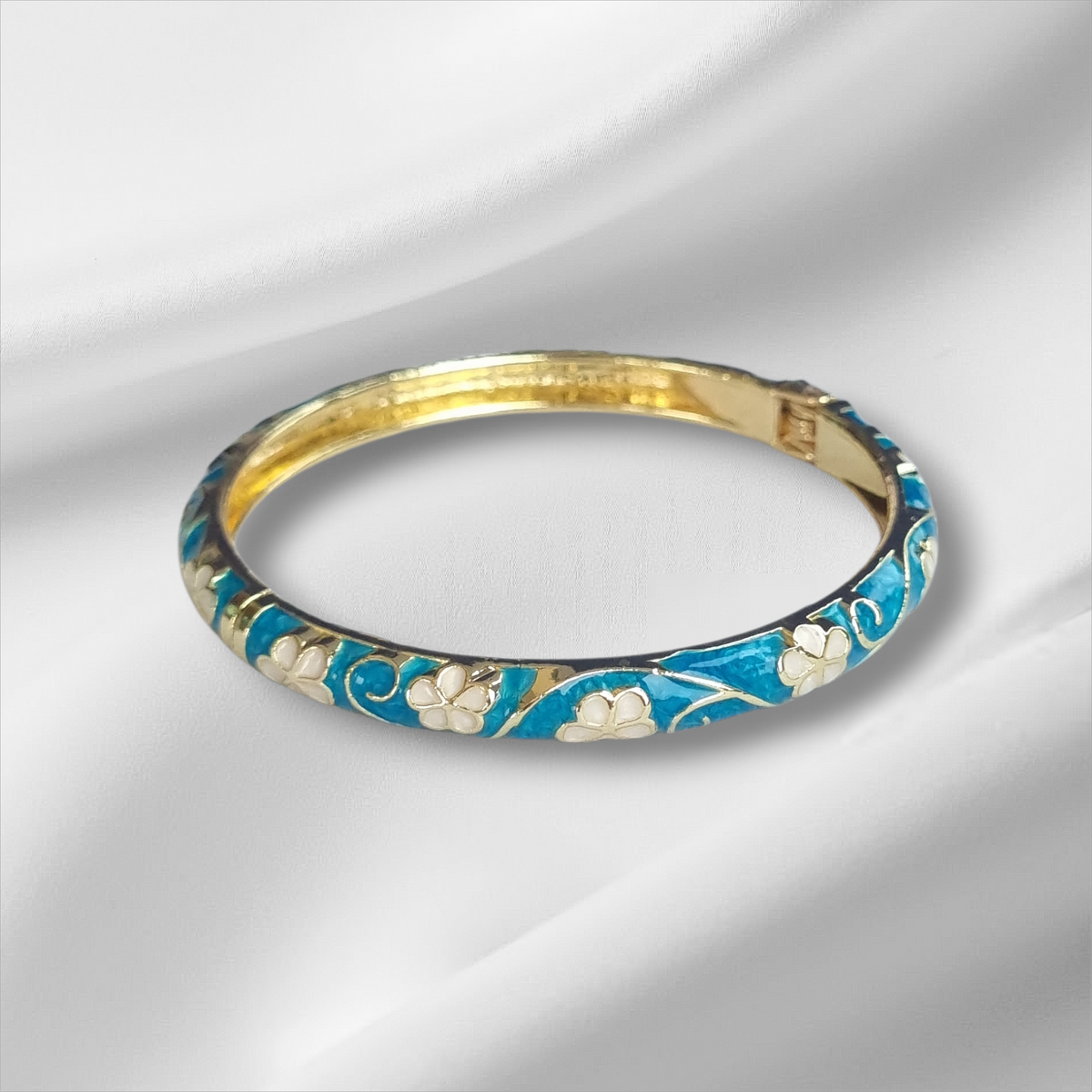 Blue Flower Gold Enamel Bangle Hinge Bracelet