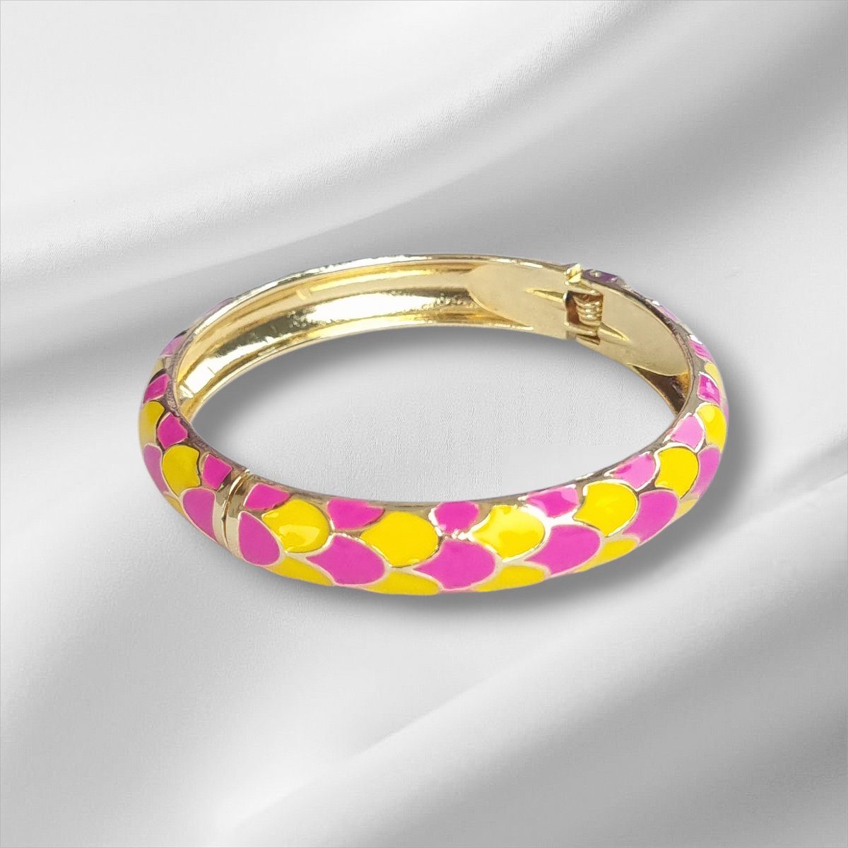 Pink Yellow Scale Enamel Bangle Hinge Bracelet