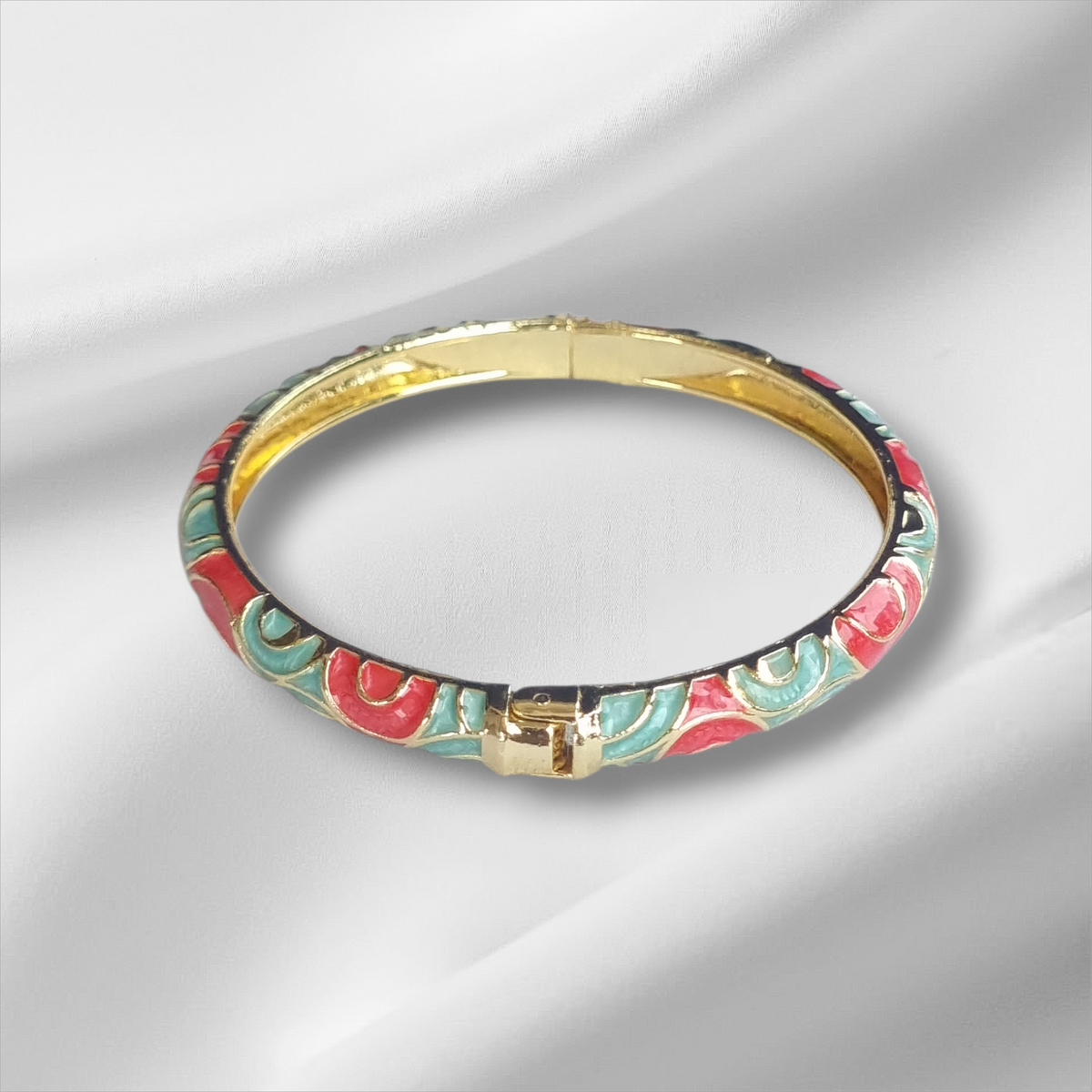 Red Turquoise Gold Rose Bangle Hinge Bracelet