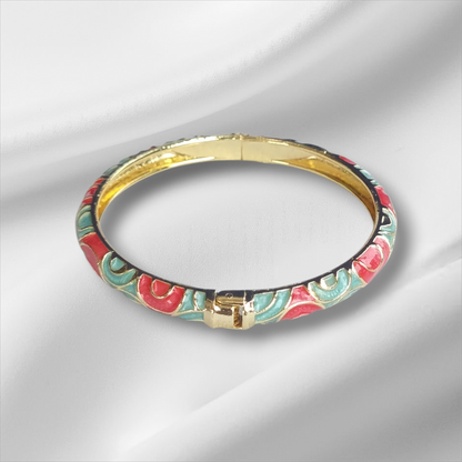 Red Turquoise Gold Rose Bangle Hinge Bracelet