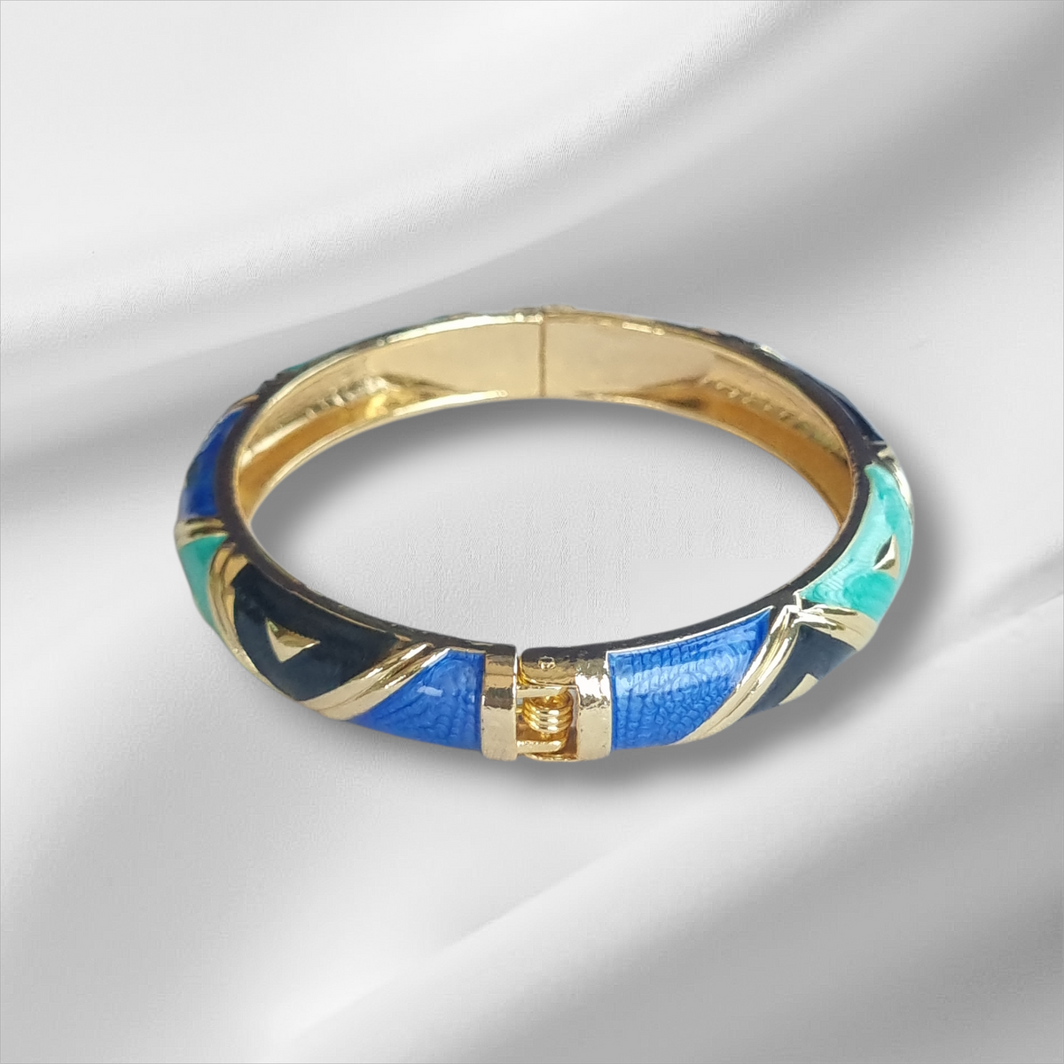 Blue Green Gold Chevron Bangle Hinge Bracelet