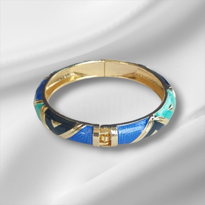 Blue Green Gold Chevron Bangle Hinge Bracelet