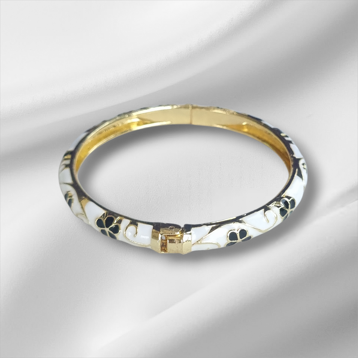 White Black Gold Floral Bangle Hinge Bracelet