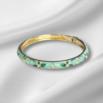 Mint Enamel Gold Floral Bangle Hinge Bracelet