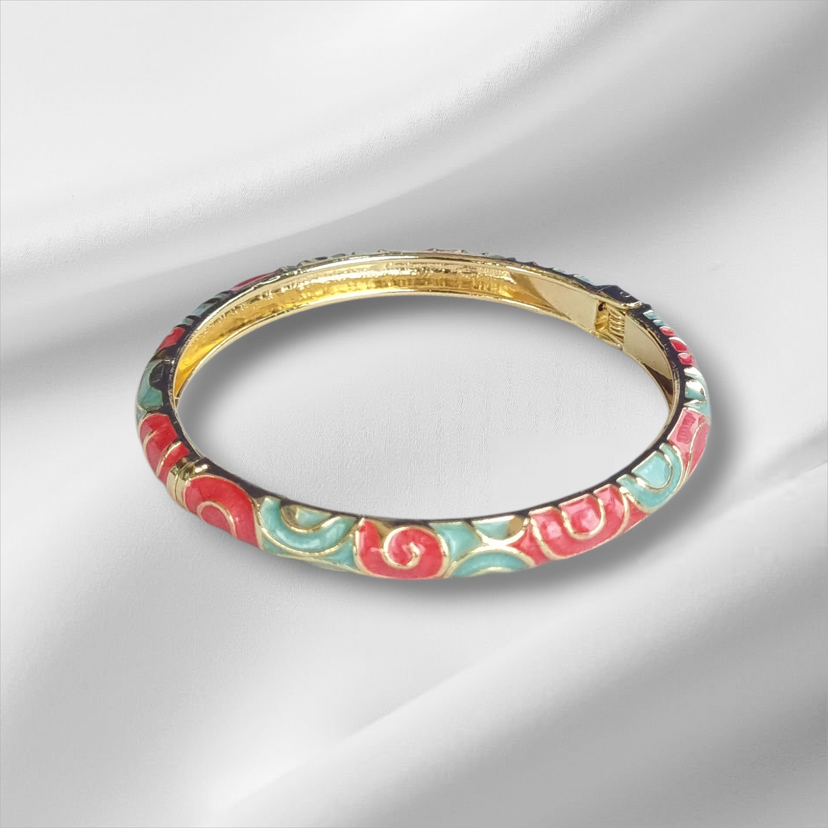 Red Turquoise Gold Rose Bangle Hinge Bracelet