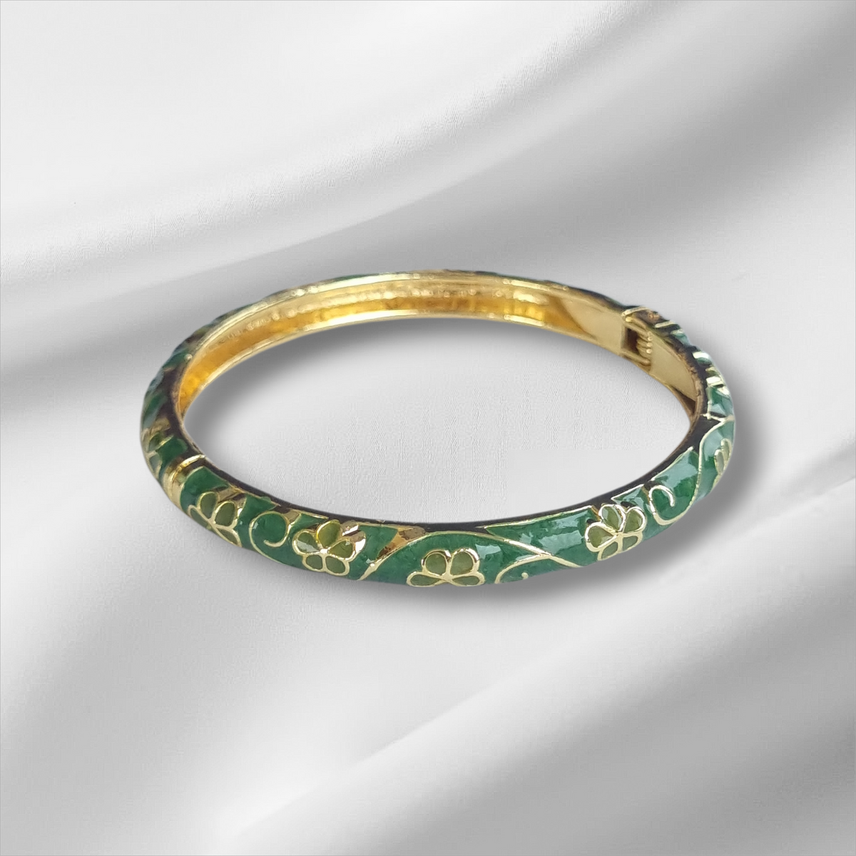 Green Shamrock Gold Enamel Bangle Hinge Bracelet