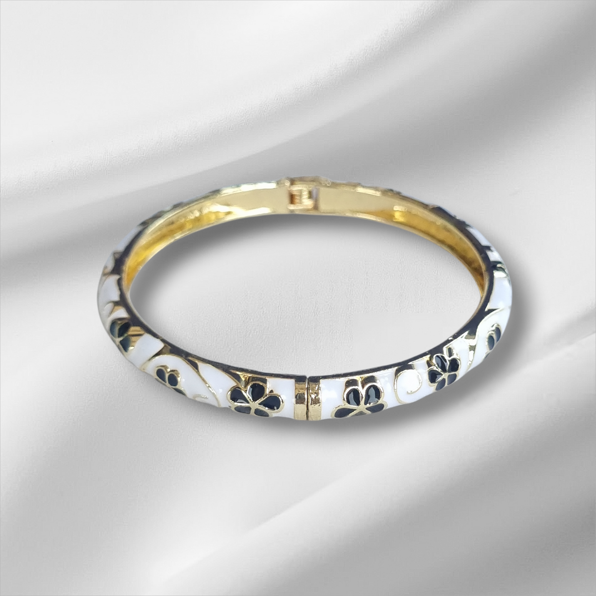 White Black Gold Floral Bangle Hinge Bracelet